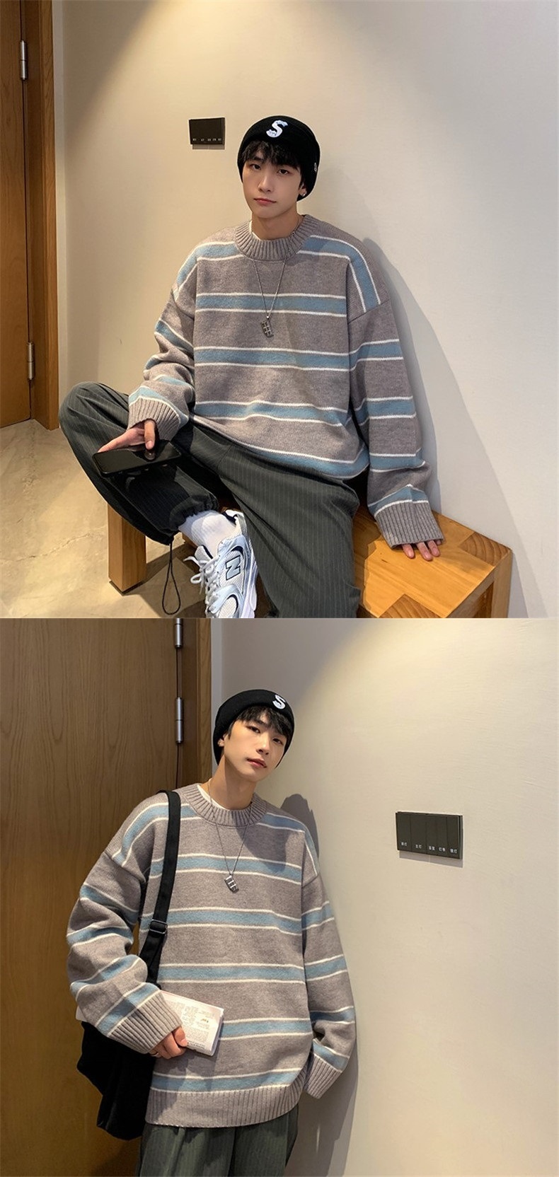 boy Boy Boy Striped Color Block Sweater Men's Autumn Winter Ins High Trend Loose Street Retro Hong Kong Style Round Neck Knitwear_voghion.com