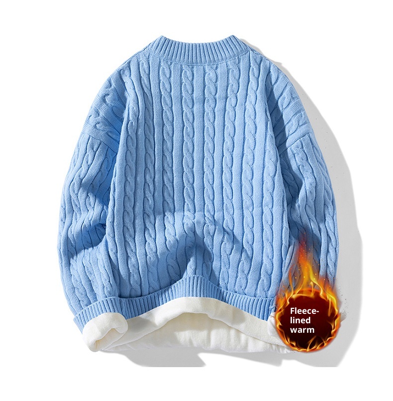 ragazzo ragazzo ragazzo con fodera in pile, nuova maglia base autunnale e invernale, maglione lavorato a maglia con trecce intrecciate a scollo rotondo, maglione lavorato a maglia da uomo_voghion.com