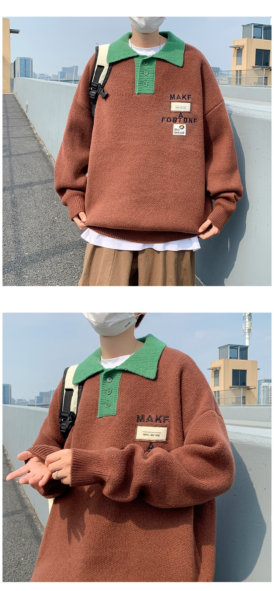 boy Boy Boy Spring Color-Block Polo Collar Sweater For Men, Autumn And Winter Trendy Oversize Retro Label Knitted Sweater, Artistic_voghion.com