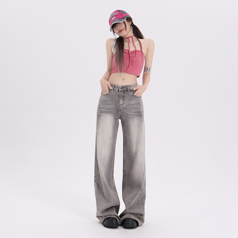 ChicShe Featured Moment Early Autumn New Gray Loose Versatile Trendy American Style Straight Wide-Leg Denim Jeans Long Pants For_voghion.com