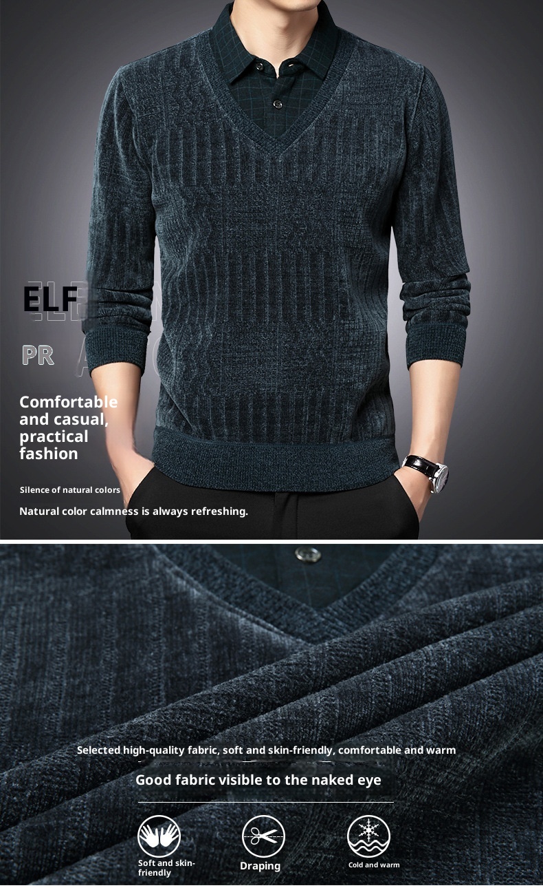 Maglione polo da uomo in pile di ciniglia spesso, due pezzi, autunno inverno, casual, con colletto rovesciato_voghion.com