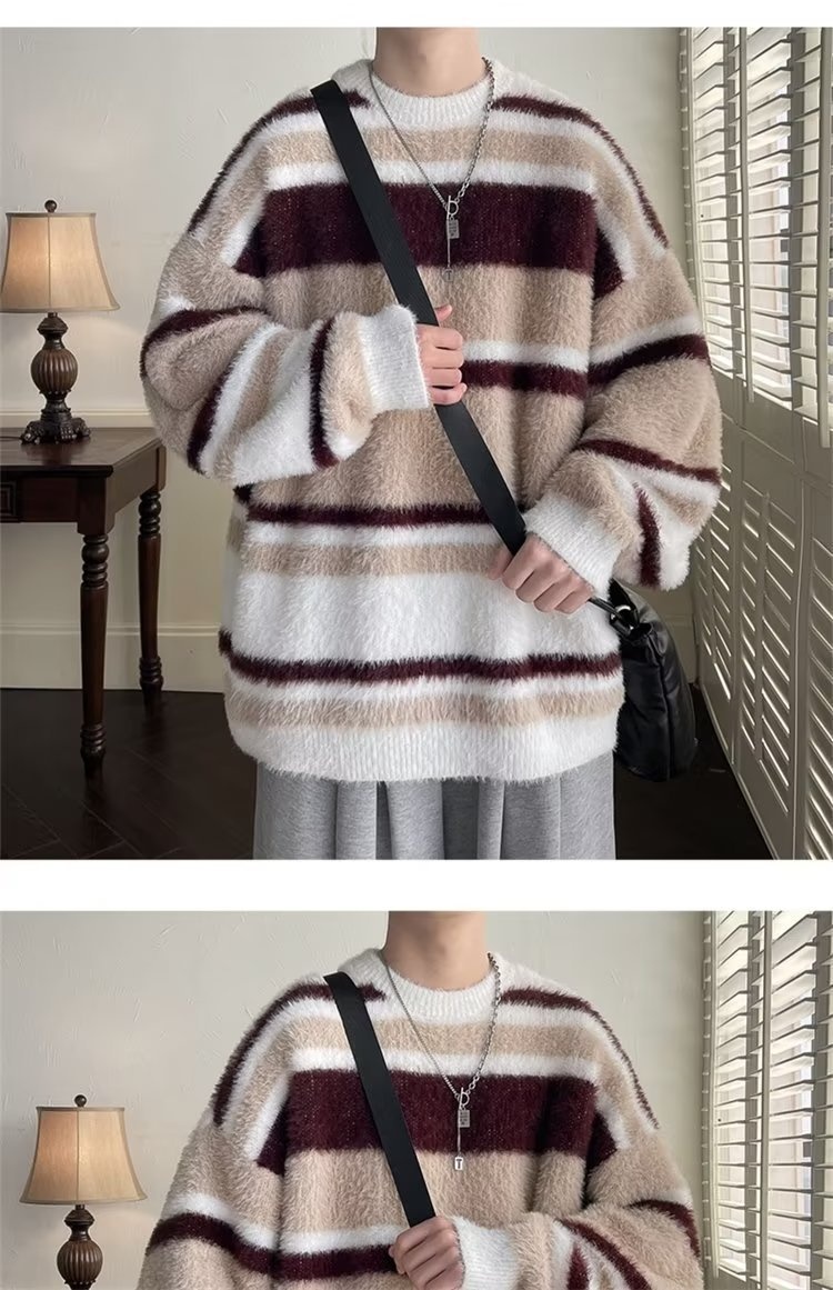 boy Boy Boy Soft Cozy Color-Block Striped Sweater For Men, New Autumn And Winter Round Neck Inner Layer, Warm Loose Base Knit Top_voghion.com