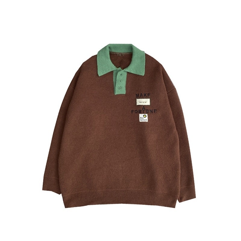 Boy Boy Boy Frühlingsfarbener Polo-Pullover mit Farbblock-Design für Herren, Trendiger Oversize-Strickpullover mit Retro-Label für Herbst und Winter, Künstlerisch_voghion.com