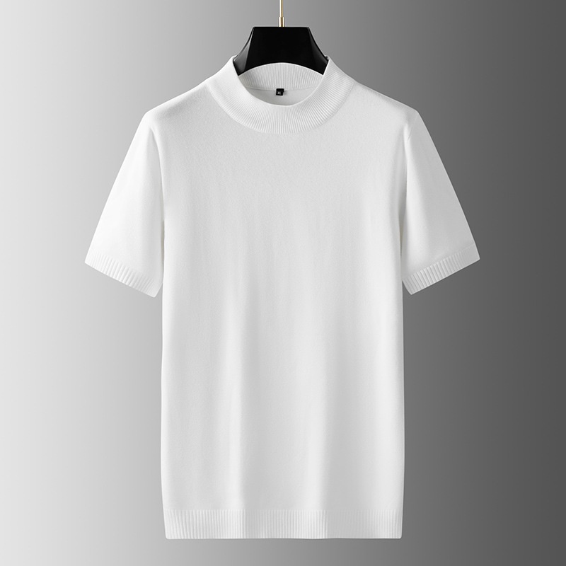 boy Boy Boy Turtleneck Men Half Sweater Solid Color Plus Size Fat Man Autumn Thin T-Shirt Short Sleeve Knitted Shirt_voghion.com