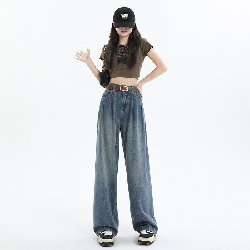 ChicShe Thirteen Lines Women's High Waist Jeans 2024 Autumn Korean Style Loose Slimming Dark Blue Pleated Floor-Length Wide-Leg_ecoleips.com
