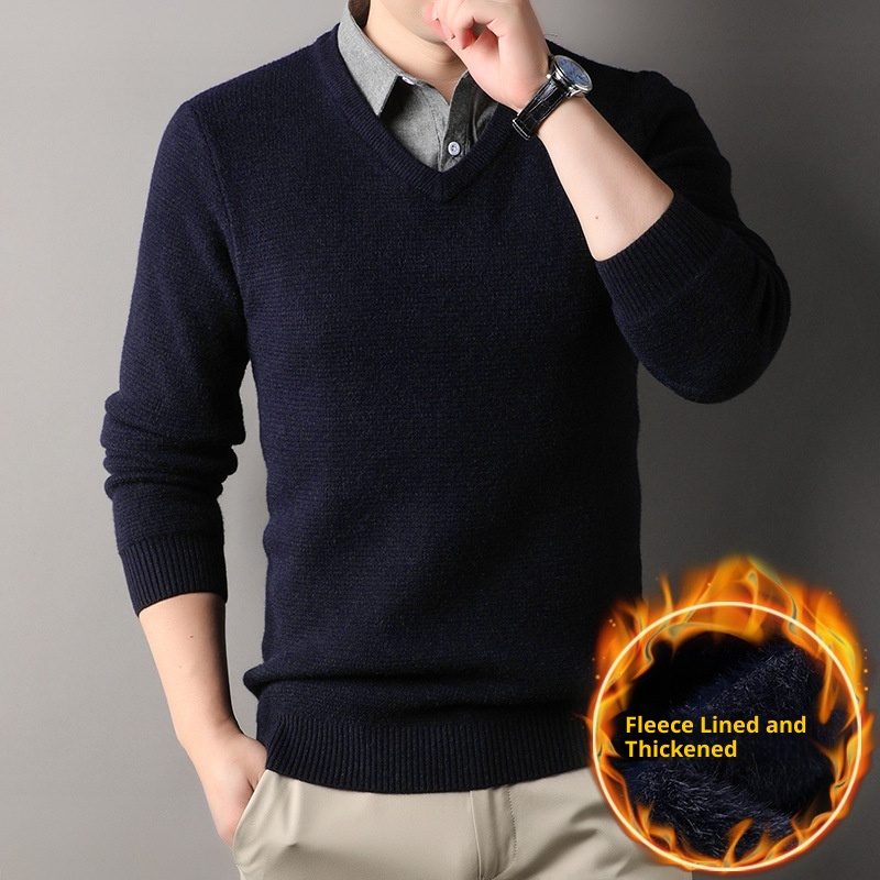 boy Boy Boy Fleece-Lined Men's Two-Piece Shirt Collar 2025 Autumn Winter New Thickened Knitted Sweater For Men_voghion.com