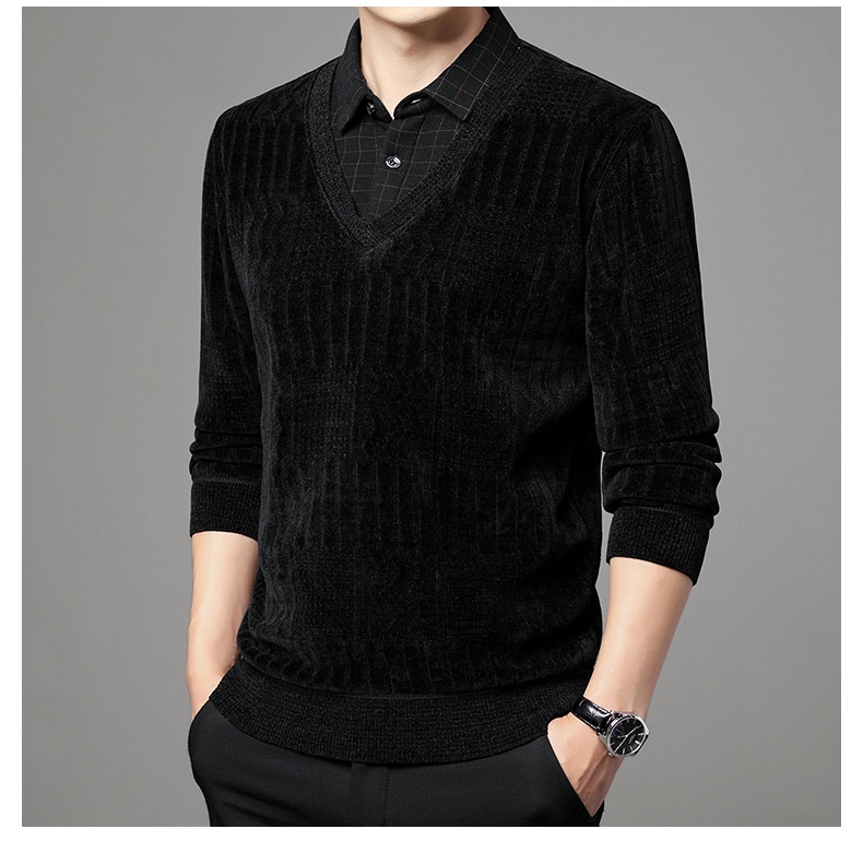 Maglione polo da uomo in pile di ciniglia spesso, due pezzi, autunno inverno, casual, con colletto rovesciato_voghion.com