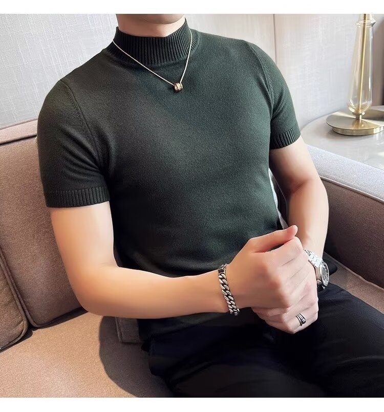 boy Boy Boy Autumn Winter Knit Short Turtleneck Slim Fit Inner Sweater Men's Half Sleeve Base Shirt Solid Color Warm Top_voghion.com