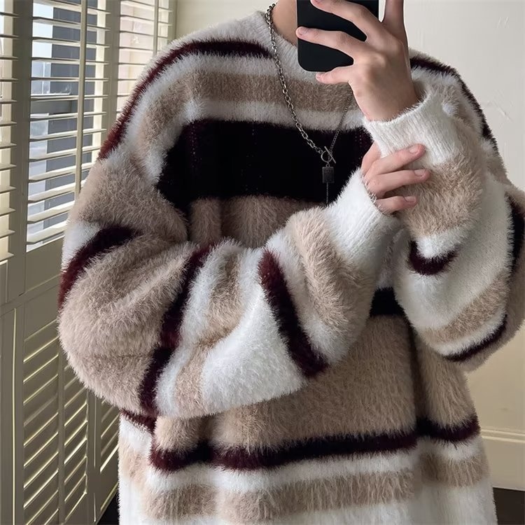 boy Boy Boy Soft Cozy Color-Block Striped Sweater For Men, New Autumn And Winter Round Neck Inner Layer, Warm Loose Base Knit Top_voghion.com