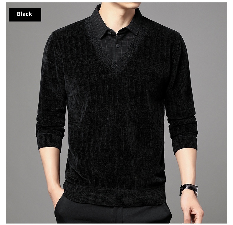 Maglione polo da uomo in pile di ciniglia spesso, due pezzi, autunno inverno, casual, con colletto rovesciato_voghion.com