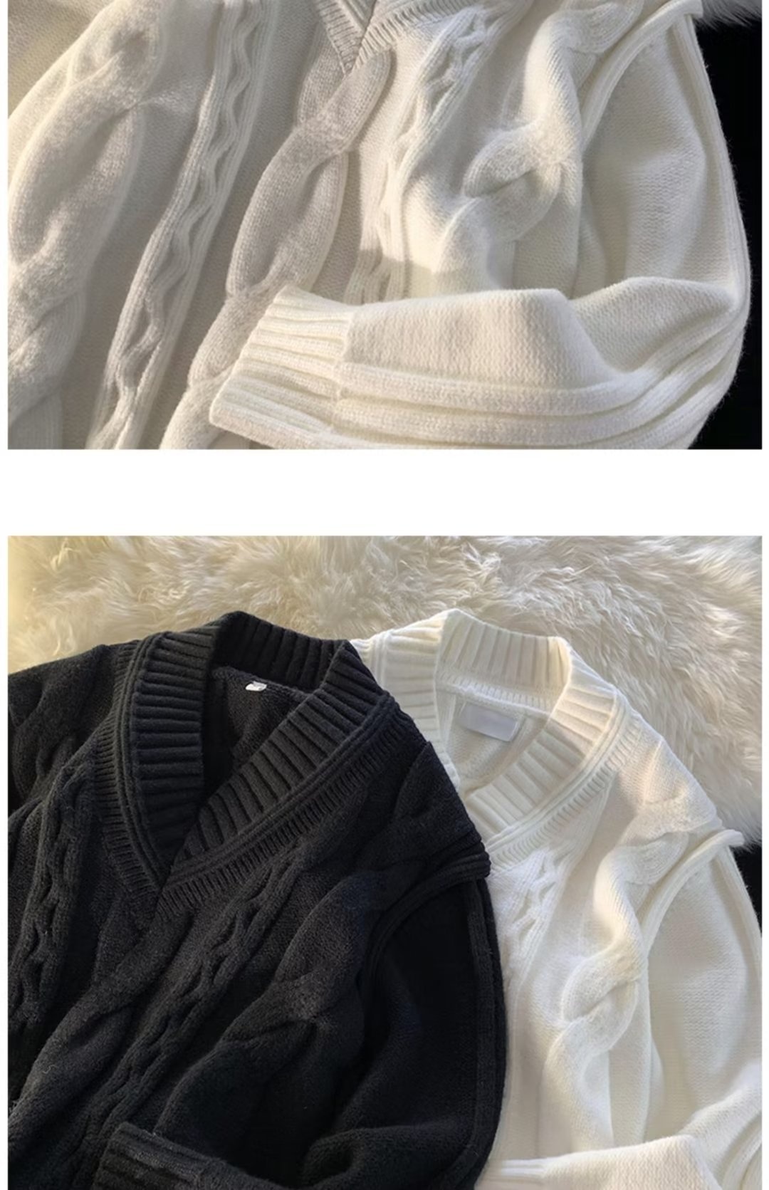 Pull Boy Boy blanc à col en V pour homme, en maille torsadée épaisse et 3D, style rétro tendance et décontracté._voghion.com