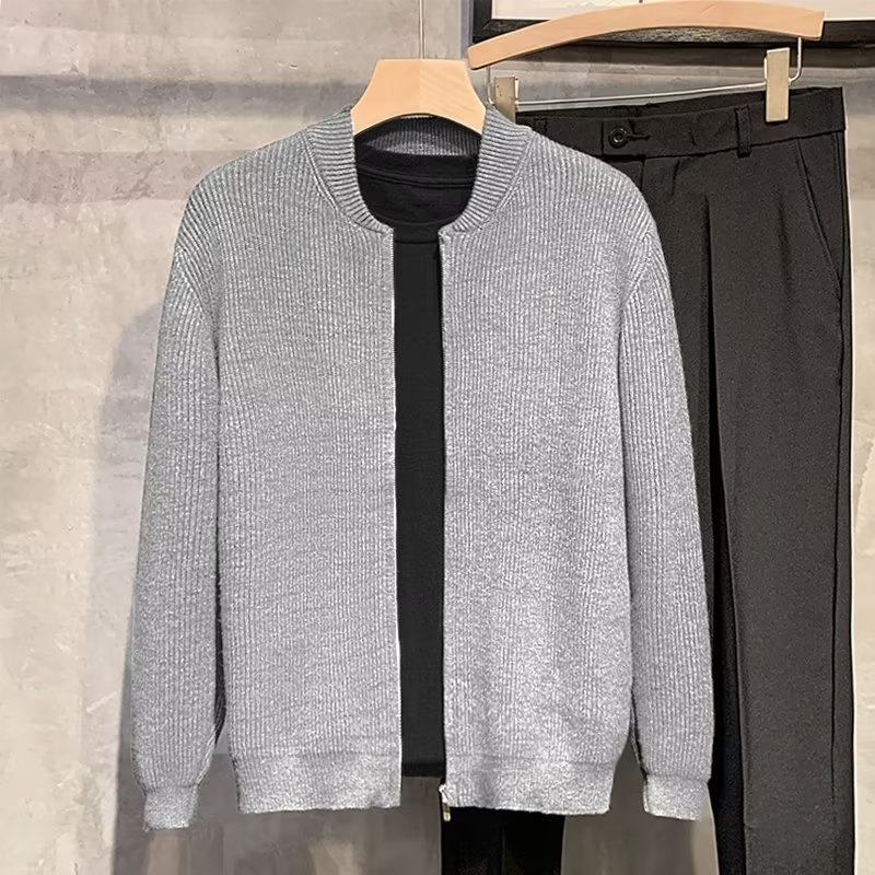 boy Boy Boy Spring And Autumn Doub Zipper Design Cardigan Solid Color Sweater Men's Simp Trendy Versati Knitted Jacket_voghion.com