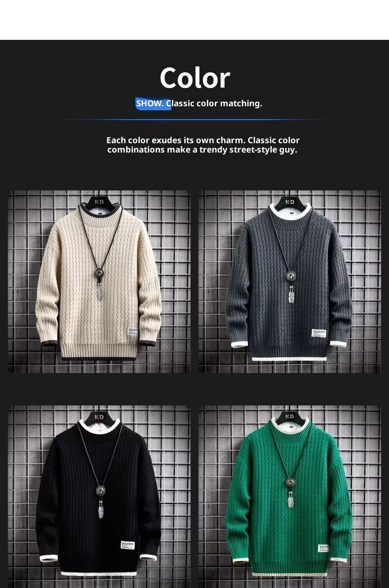 Pull à col roulé mi-long pour homme, pull en maille torsadée automne-hiver, pull tendance ample à col rond pour homme._voghion.com