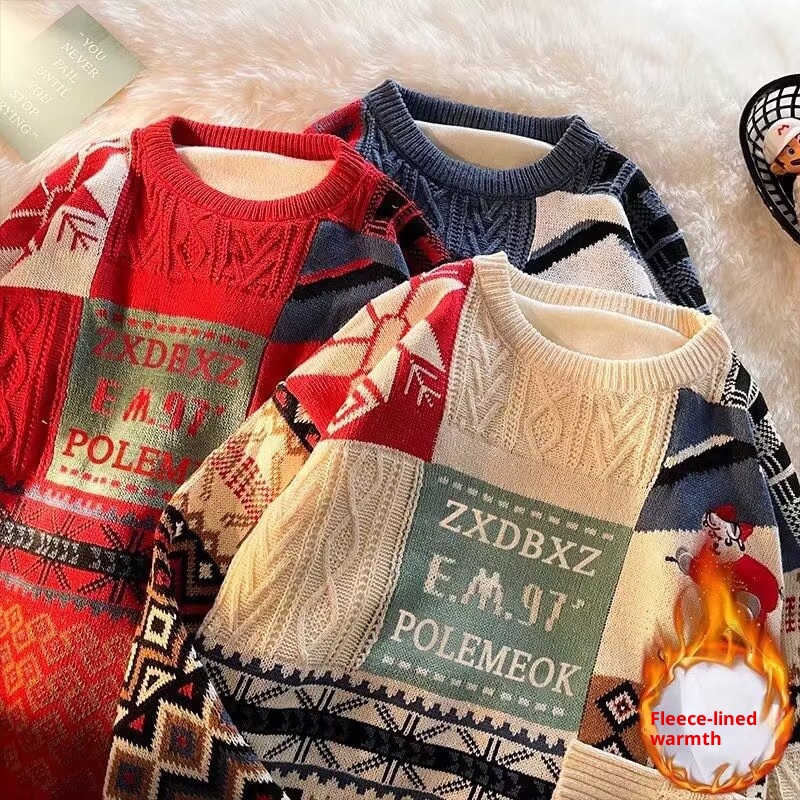 boy Boy Boy Heavyweight Fleece-Lined Thick For Men Winter Trendy Loose Lazy Style Christmas Knitted Sweater Couple Outfit Cardigan_voghion.com
