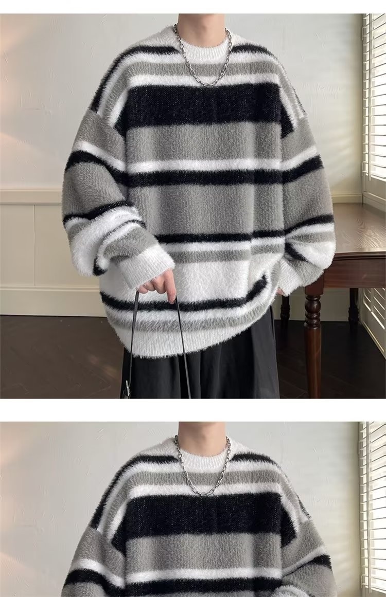 boy Boy Boy Soft Cozy Color-Block Striped Sweater For Men, New Autumn And Winter Round Neck Inner Layer, Warm Loose Base Knit Top_voghion.com