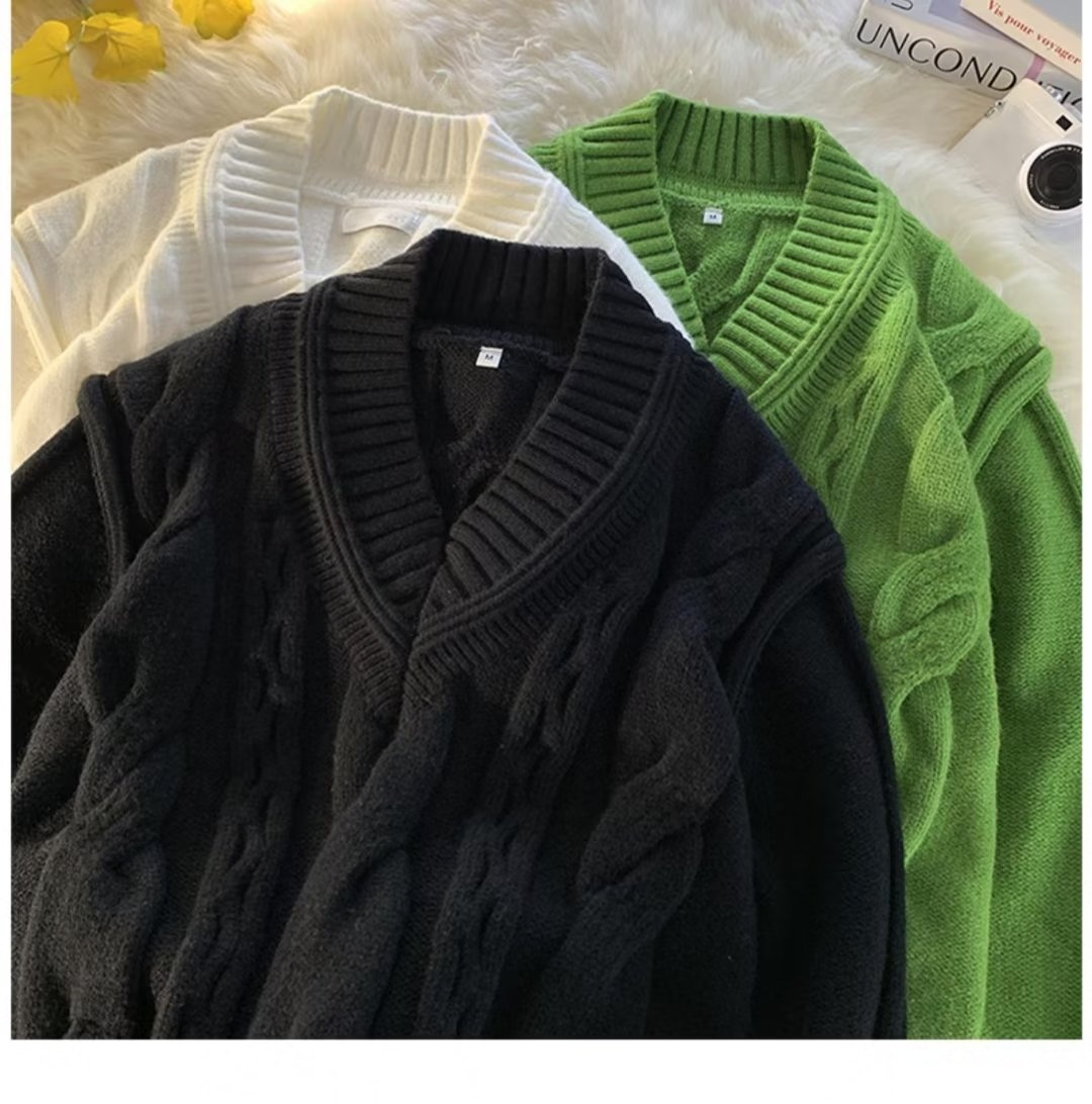 Pull Boy Boy blanc à col en V pour homme, en maille torsadée épaisse et 3D, style rétro tendance et décontracté._voghion.com