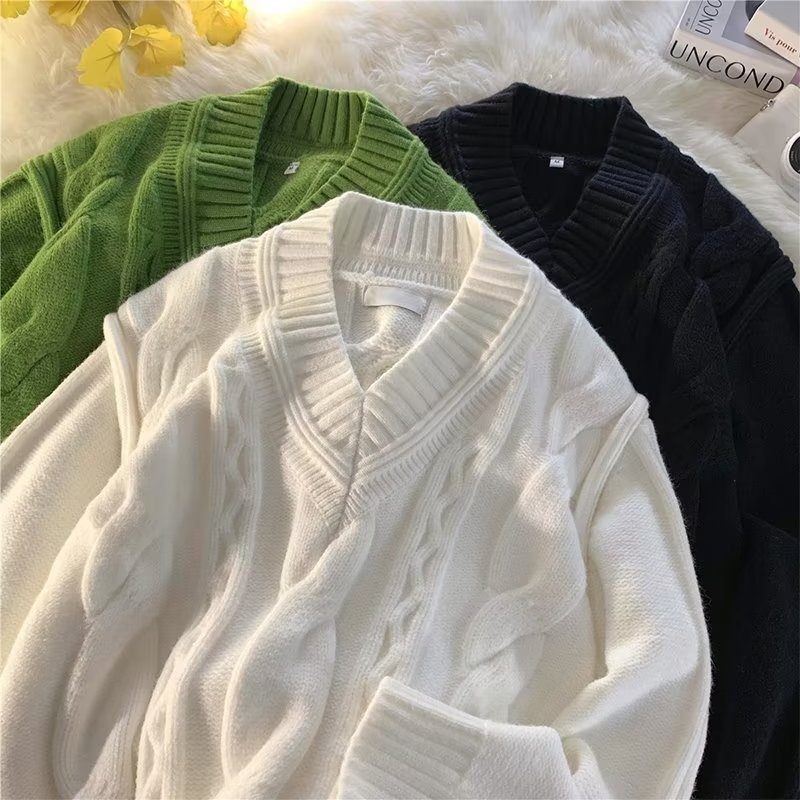 Pull Boy Boy blanc à col en V pour homme, en maille torsadée épaisse et 3D, style rétro tendance et décontracté._voghion.com