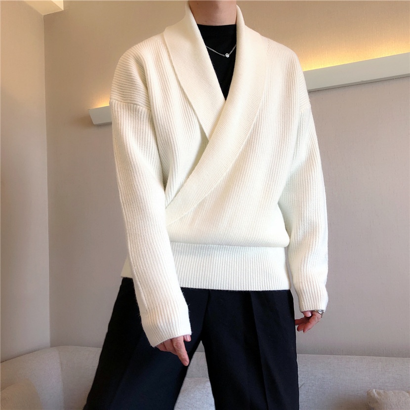 boy Boy Boy South Korea Autumn And Winter Solid Color Large V-Neck Draped Personality Men's Loose Lazy Style Casual Knitted Sweater_voghion.com
