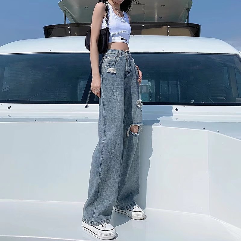 ChicShe High Waist Straight Ripped Jeans Summer Thin 2022 New Loose Draped Wide Leg Floor-Length Pants For Women_voghion.com