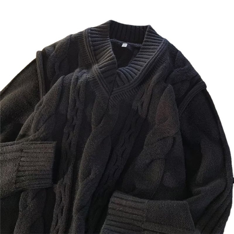 Pull Boy Boy blanc à col en V pour homme, en maille torsadée épaisse et 3D, style rétro tendance et décontracté._voghion.com