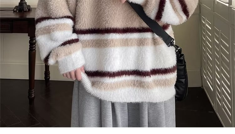 boy Boy Boy Soft Cozy Color-Block Striped Sweater For Men, New Autumn And Winter Round Neck Inner Layer, Warm Loose Base Knit Top_voghion.com