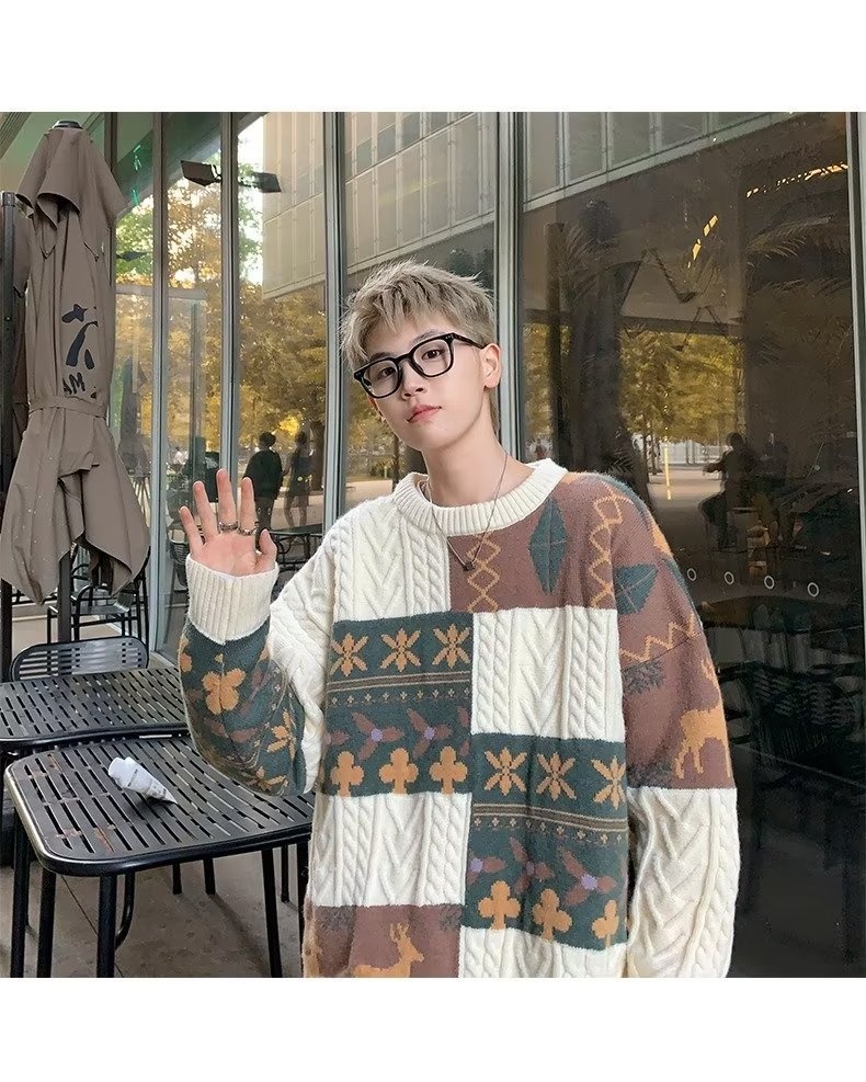 Pull cardigan style rétro américain pour homme, tendance hiver, ample et décontracté, patchwork, color block, maille torsadée_voghion.com