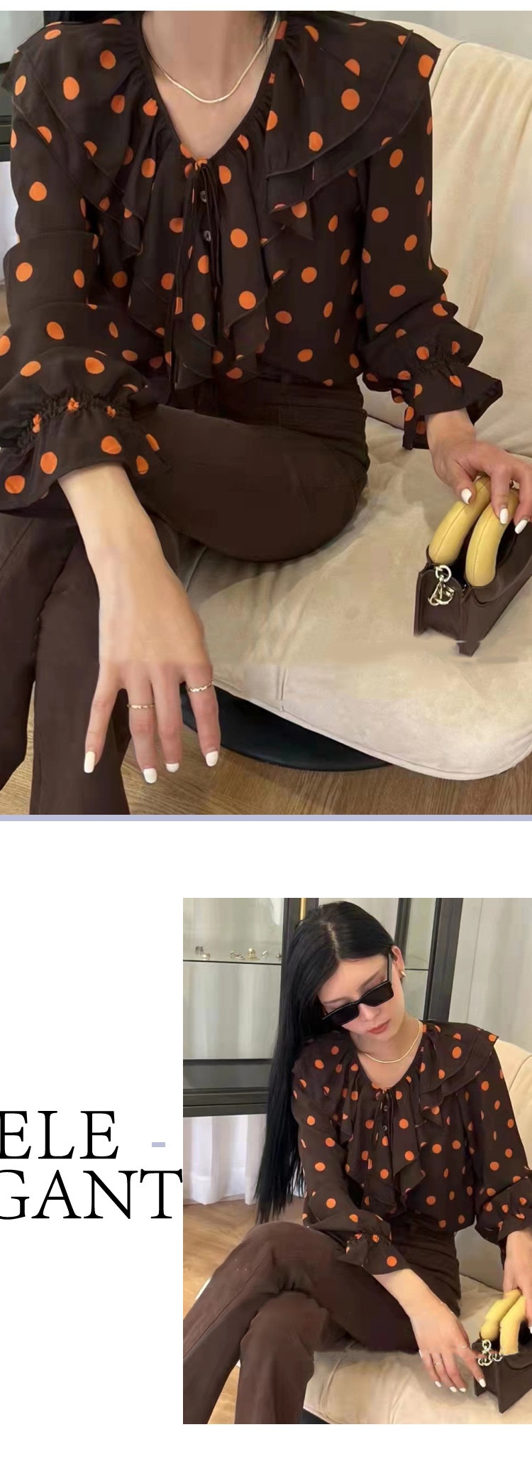 GraceChic GraceChic GraceChic Fashion Station 025 New European Goods Trendy Ruffled V-neck Polka Dot Long Sleeve Top Shirt Women's Unique Design_voghion.com