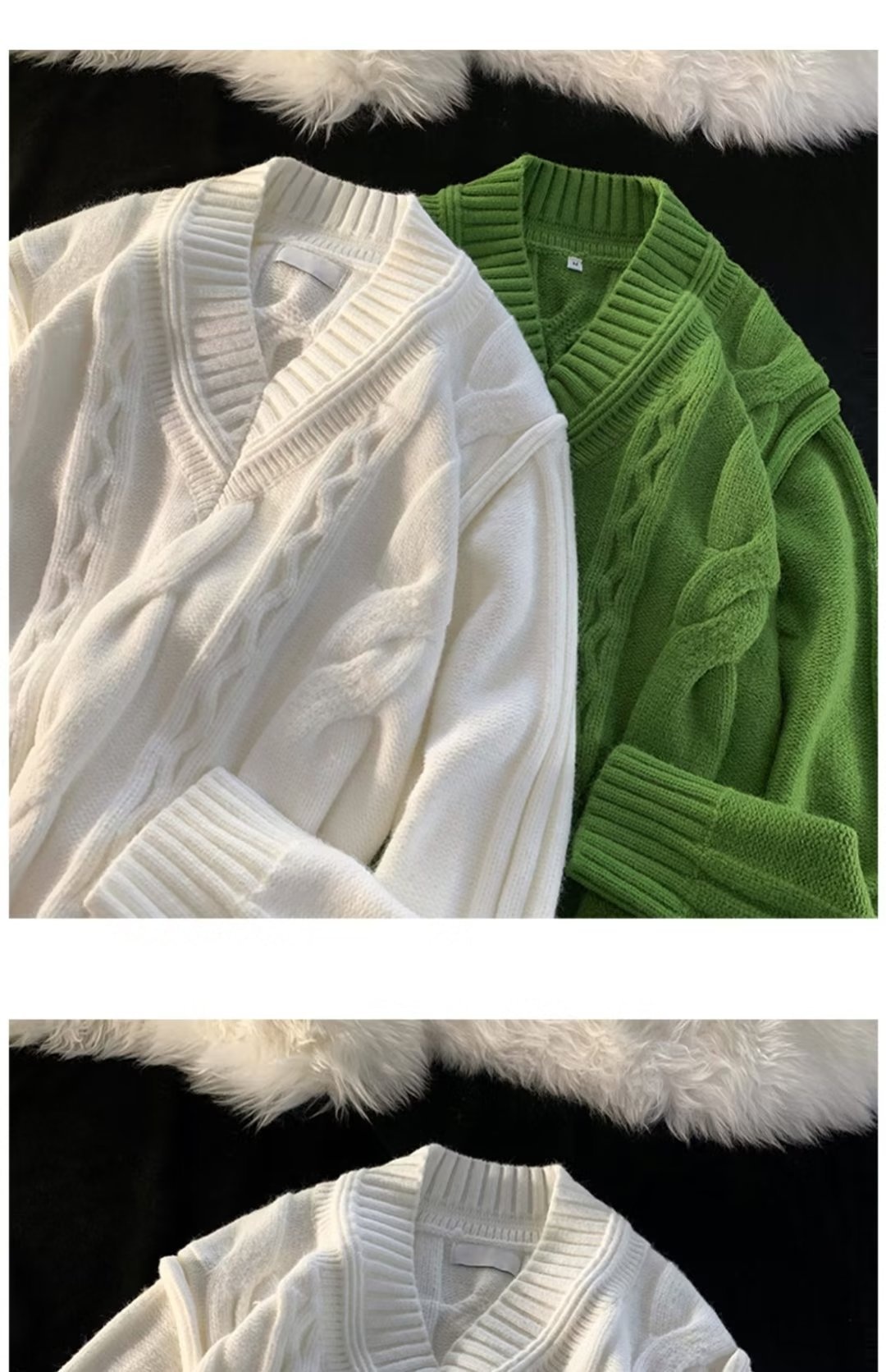 Pull Boy Boy blanc à col en V pour homme, en maille torsadée épaisse et 3D, style rétro tendance et décontracté._voghion.com