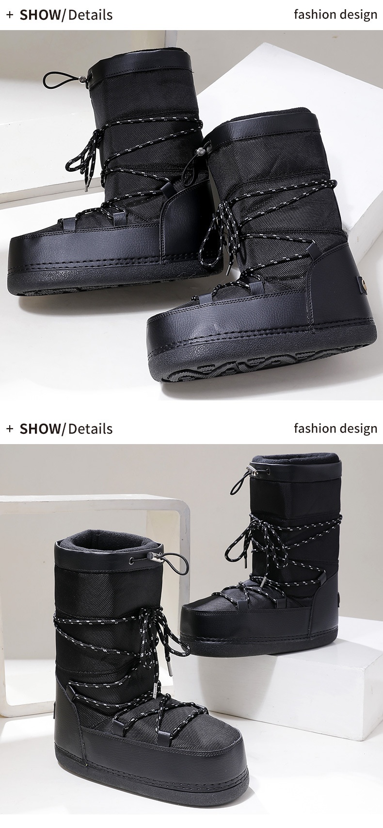 Zees Winter New Outdoor Space Shoes Ski Black Texture Thickened Warm Cool Style Cross-Border Large Size Snow Boots_voghion.com
