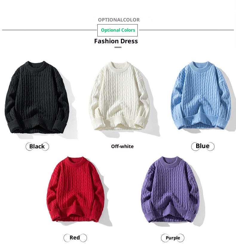 ragazzo ragazzo ragazzo con fodera in pile, nuova maglia base autunnale e invernale, maglione lavorato a maglia con trecce intrecciate a scollo rotondo, maglione lavorato a maglia da uomo_voghion.com