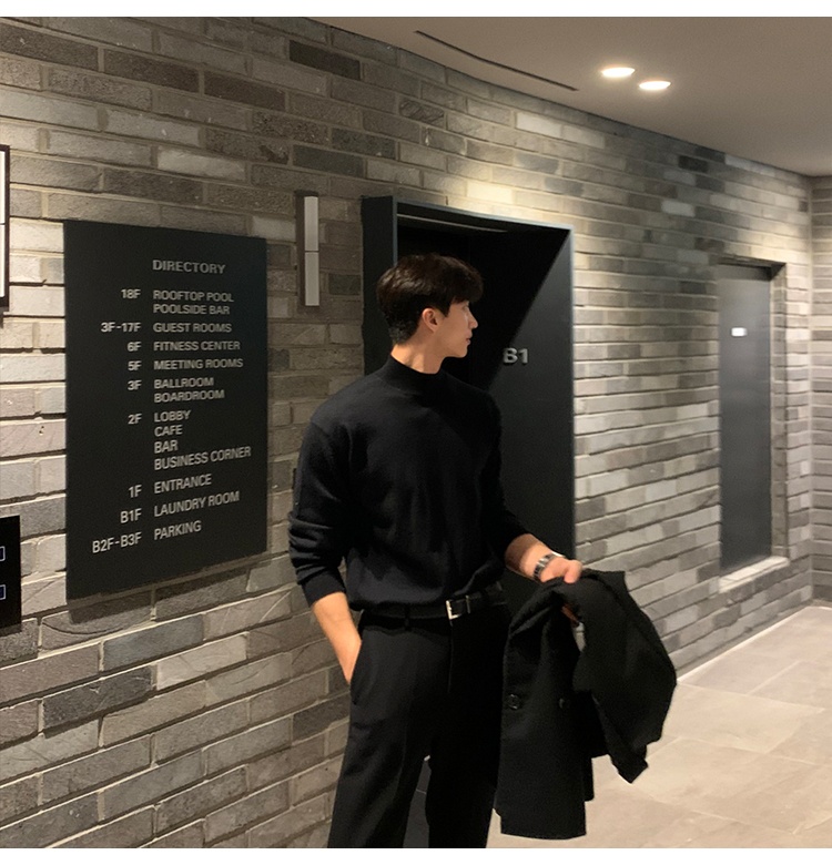 boy Boy Boy Autumn Winter Men's Korean Style Loose Casual Solid Color Mid-Neck Knitted Base Shirt Long Sleeve Inner Layer High-End_voghion.com
