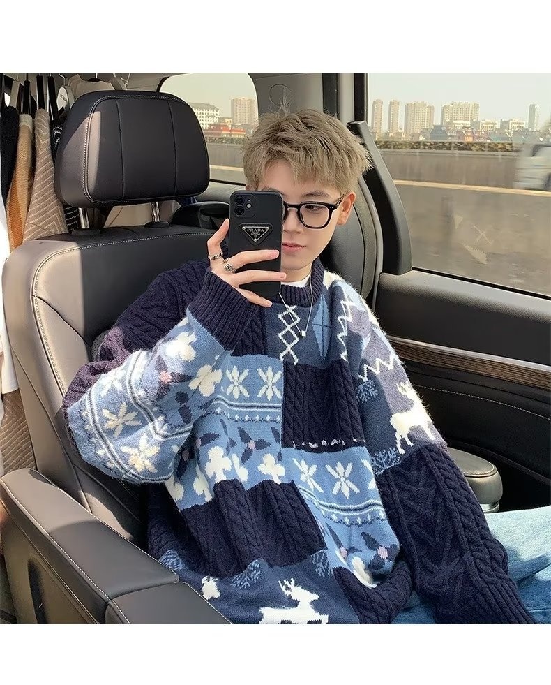 Pull cardigan style rétro américain pour homme, tendance hiver, ample et décontracté, patchwork, color block, maille torsadée_voghion.com