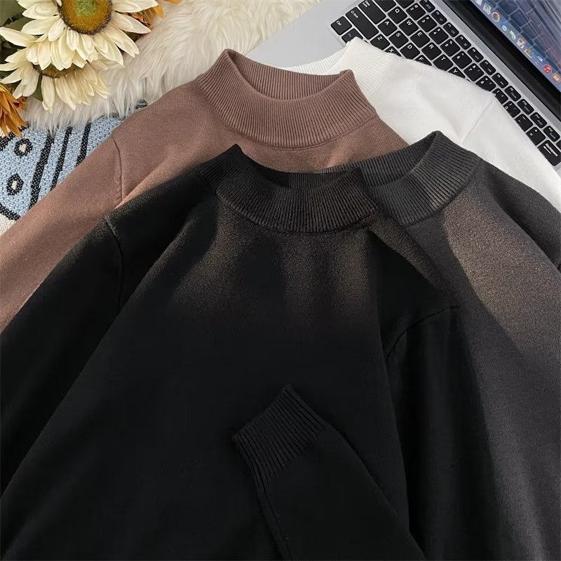 boy Boy Boy Autumn Winter Men's Korean Style Loose Casual Solid Color Mid-Neck Knitted Base Shirt Long Sleeve Inner Layer High-End_voghion.com