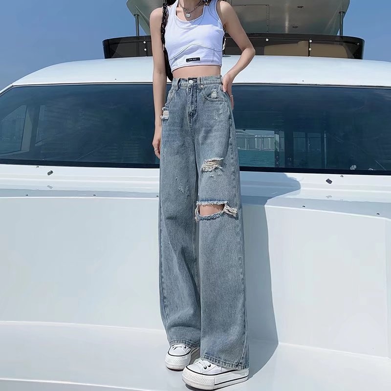 ChicShe High Waist Straight Ripped Jeans Summer Thin 2022 New Loose Draped Wide Leg Floor-Length Pants For Women_voghion.com