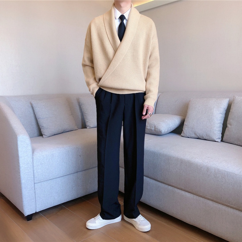 boy Boy Boy South Korea Autumn And Winter Solid Color Large V-Neck Draped Personality Men's Loose Lazy Style Casual Knitted Sweater_voghion.com