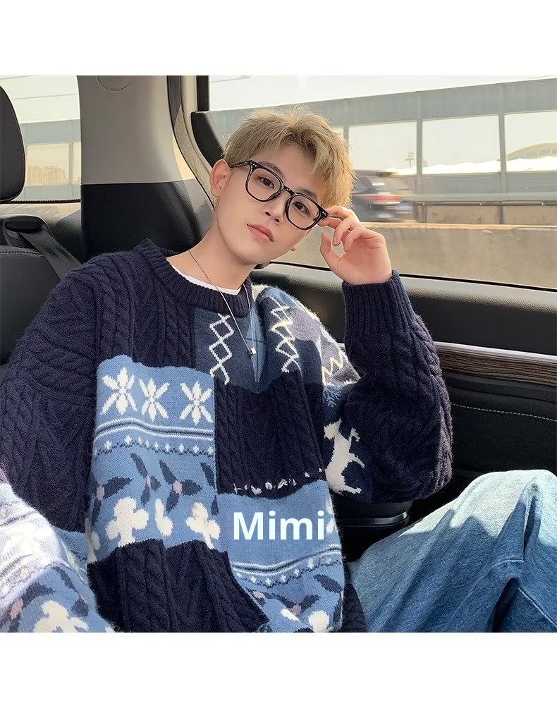 Pull cardigan style rétro américain pour homme, tendance hiver, ample et décontracté, patchwork, color block, maille torsadée_voghion.com