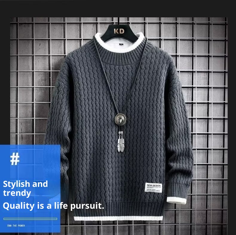 Pull à col roulé mi-long pour homme, pull en maille torsadée automne-hiver, pull tendance ample à col rond pour homme._voghion.com