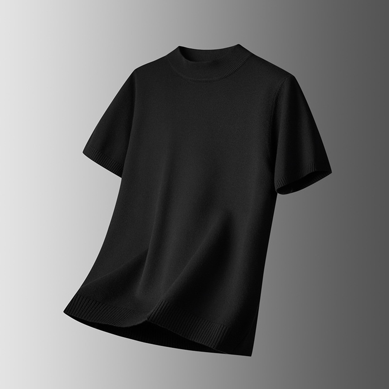 boy Boy Boy Turtleneck Men Half Sweater Solid Color Plus Size Fat Man Autumn Thin T-Shirt Short Sleeve Knitted Shirt_voghion.com