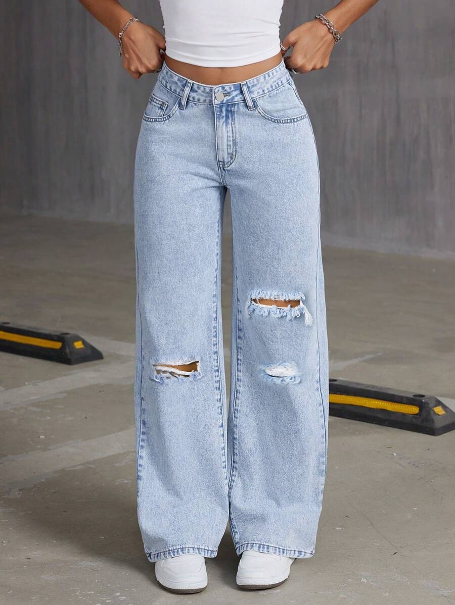 ChicShe 2025 Nieuwe Losse Lichtblauwe Gewassen Wijde Jeans Effen Kleur Lange Broek DAMESJEANS_voghion.com