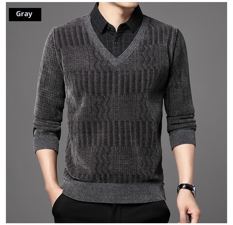 Maglione polo da uomo in pile di ciniglia spesso, due pezzi, autunno inverno, casual, con colletto rovesciato_voghion.com