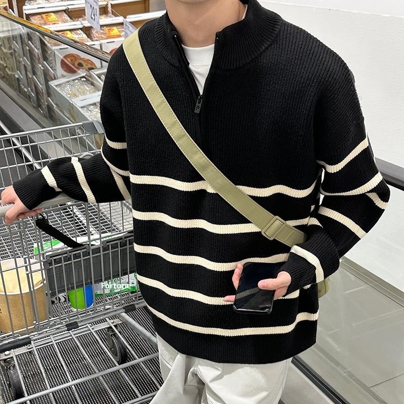 boy Boy Boy 2025 New Tendy Band Half Tutleneck Zippe Striped Sweatshirt Men, Loose Pullove Knitted Base Shit Fo Autumn And_voghion.com