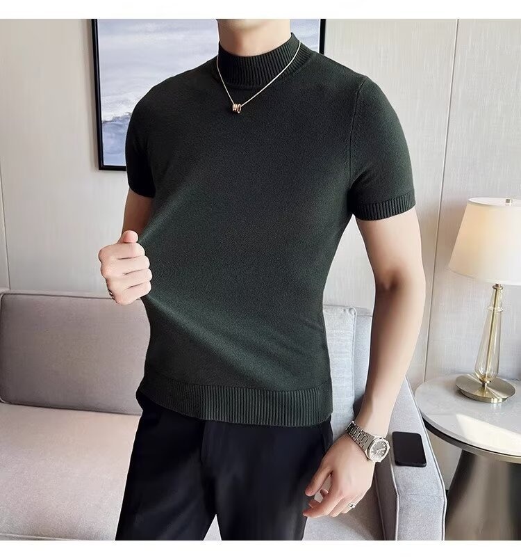 boy Boy Boy Autumn Winter Knit Short Turtleneck Slim Fit Inner Sweater Men's Half Sleeve Base Shirt Solid Color Warm Top_voghion.com