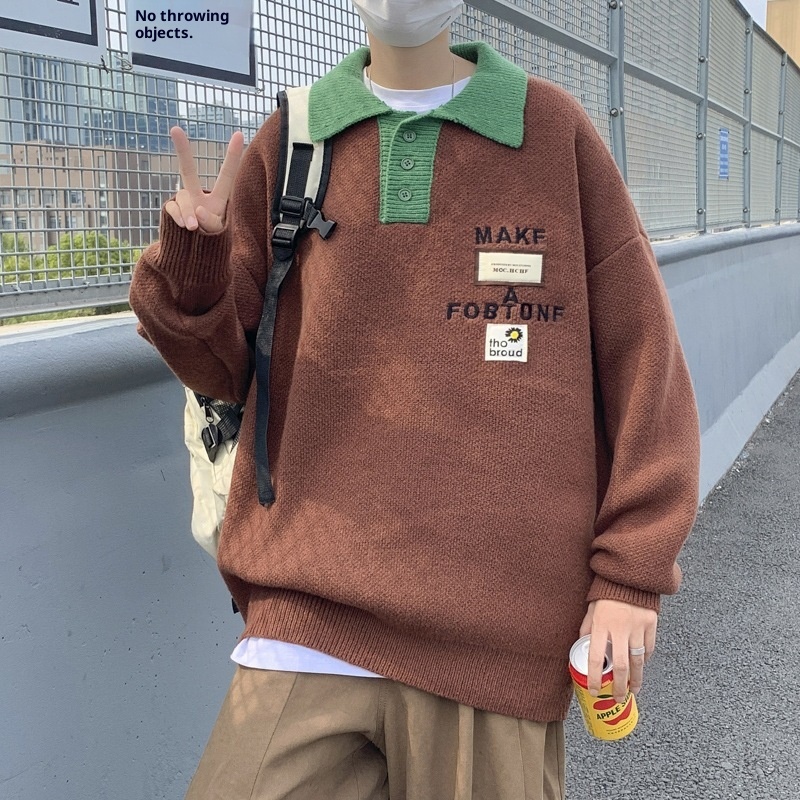 Boy Boy Boy Frühlingsfarbener Polo-Pullover mit Farbblock-Design für Herren, Trendiger Oversize-Strickpullover mit Retro-Label für Herbst und Winter, Künstlerisch_voghion.com