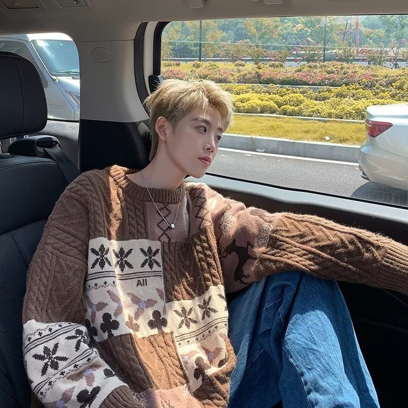 Pull cardigan style rétro américain pour homme, tendance hiver, ample et décontracté, patchwork, color block, maille torsadée_voghion.com