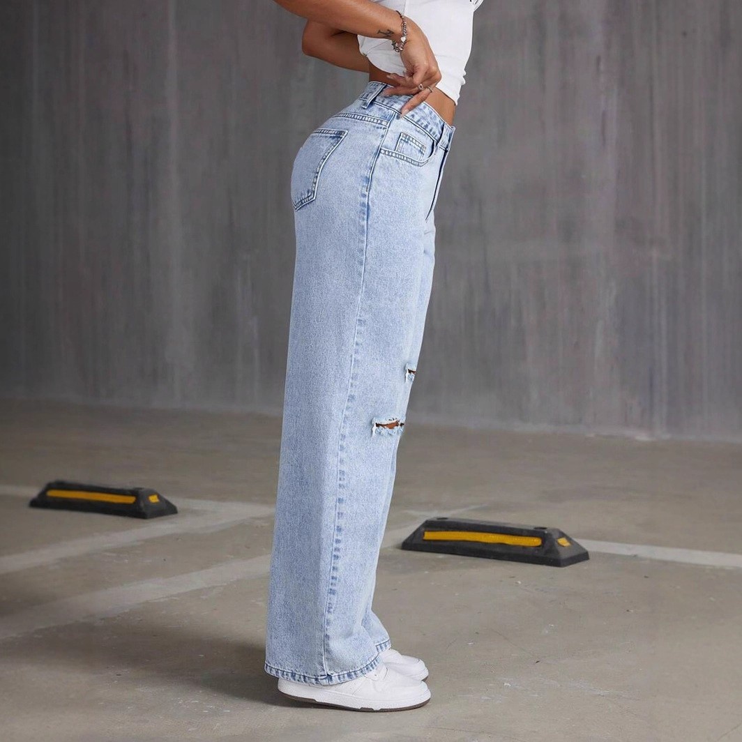 ChicShe 2025 Nieuwe Losse Lichtblauwe Gewassen Wijde Jeans Effen Kleur Lange Broek DAMESJEANS_voghion.com