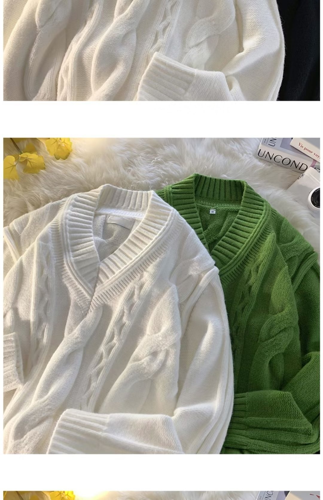 Pull Boy Boy blanc à col en V pour homme, en maille torsadée épaisse et 3D, style rétro tendance et décontracté._voghion.com