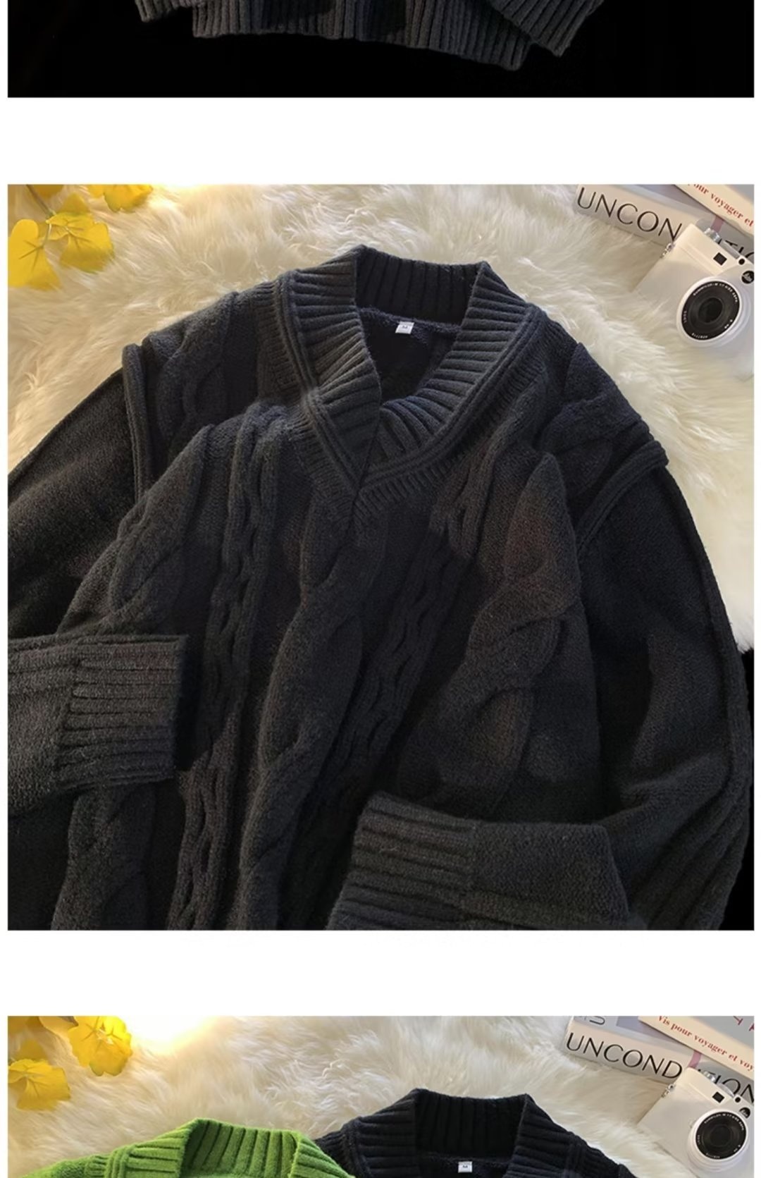 Pull Boy Boy blanc à col en V pour homme, en maille torsadée épaisse et 3D, style rétro tendance et décontracté._voghion.com