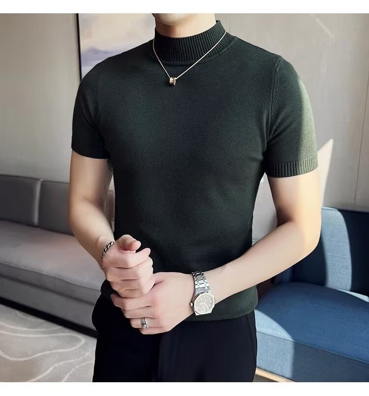 boy Boy Boy Autumn Winter Knit Short Turtleneck Slim Fit Inner Sweater Men's Half Sleeve Base Shirt Solid Color Warm Top_voghion.com