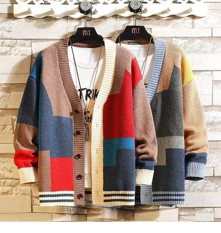 Erkek Çocuk Erkek Çocuk Hırka Sonbahar Kış Tasarım Anlayışı Niş V Yaka Örme Bol Dış Giyim Erkek Kaşmir Kazak Patchwork Ceket_voghion.com