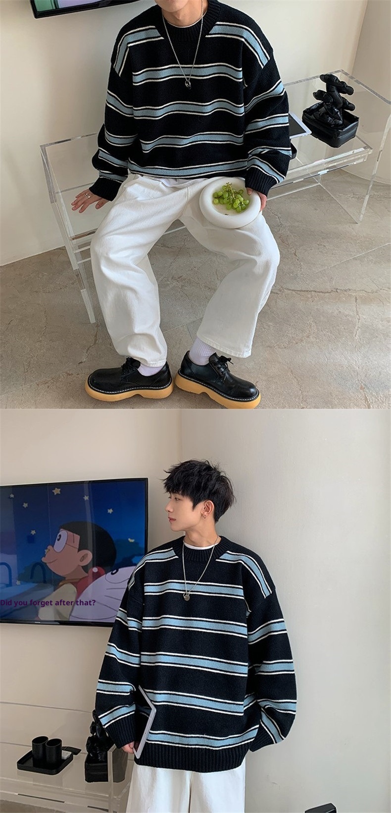 boy Boy Boy Striped Color Block Sweater Men's Autumn Winter Ins High Trend Loose Street Retro Hong Kong Style Round Neck Knitwear_voghion.com